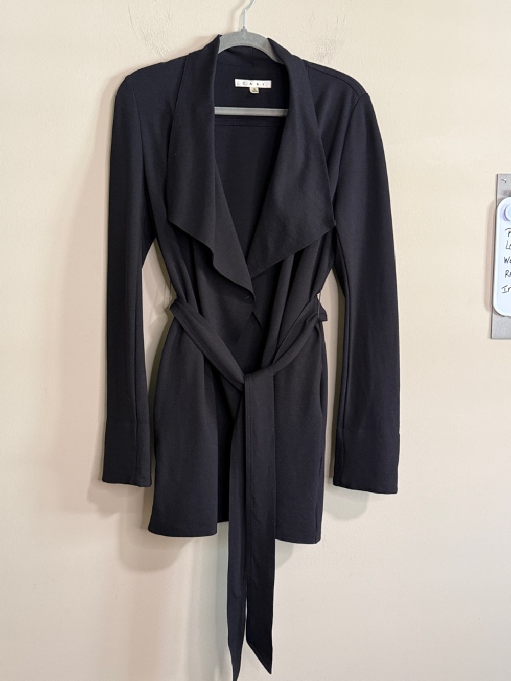CAbi Black Open-Front Draped Cardigan with Tie Belt